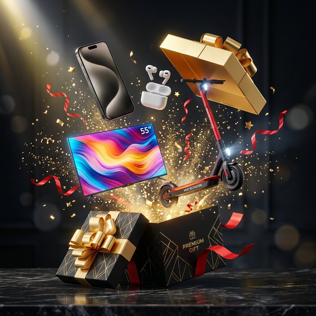 Luxury gold and black gift box bursting open with iPhone, Red Scooter, AirPods, and television prizes surrounded by golden sparkles